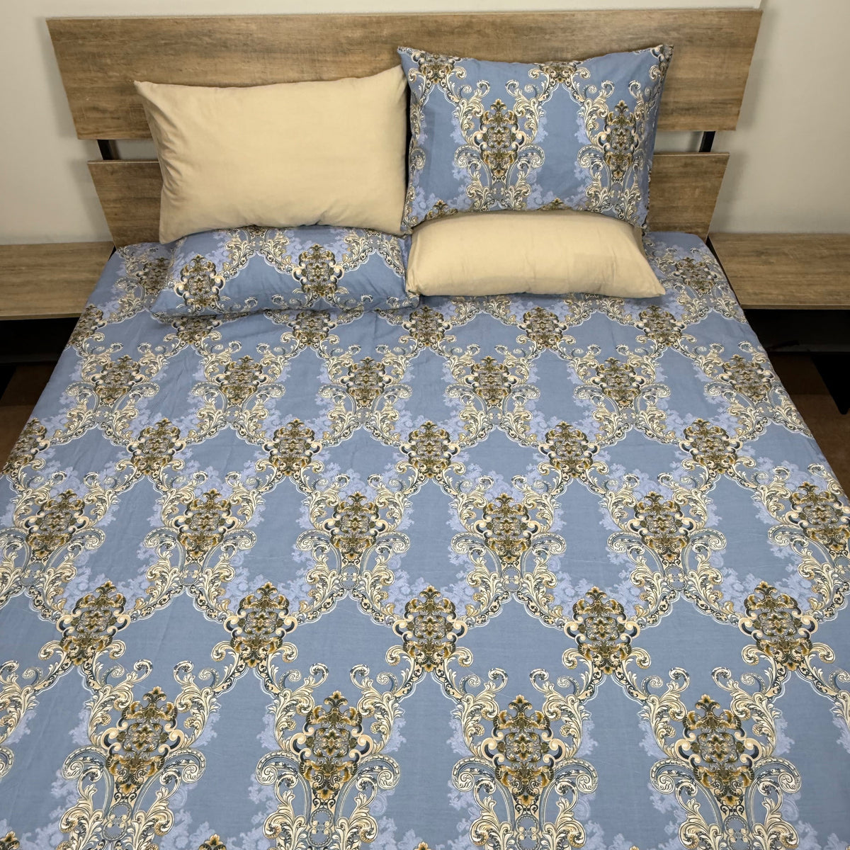 Royal Damask Bedsheet Set with baroque gold and ivory medallion print on steel blue background