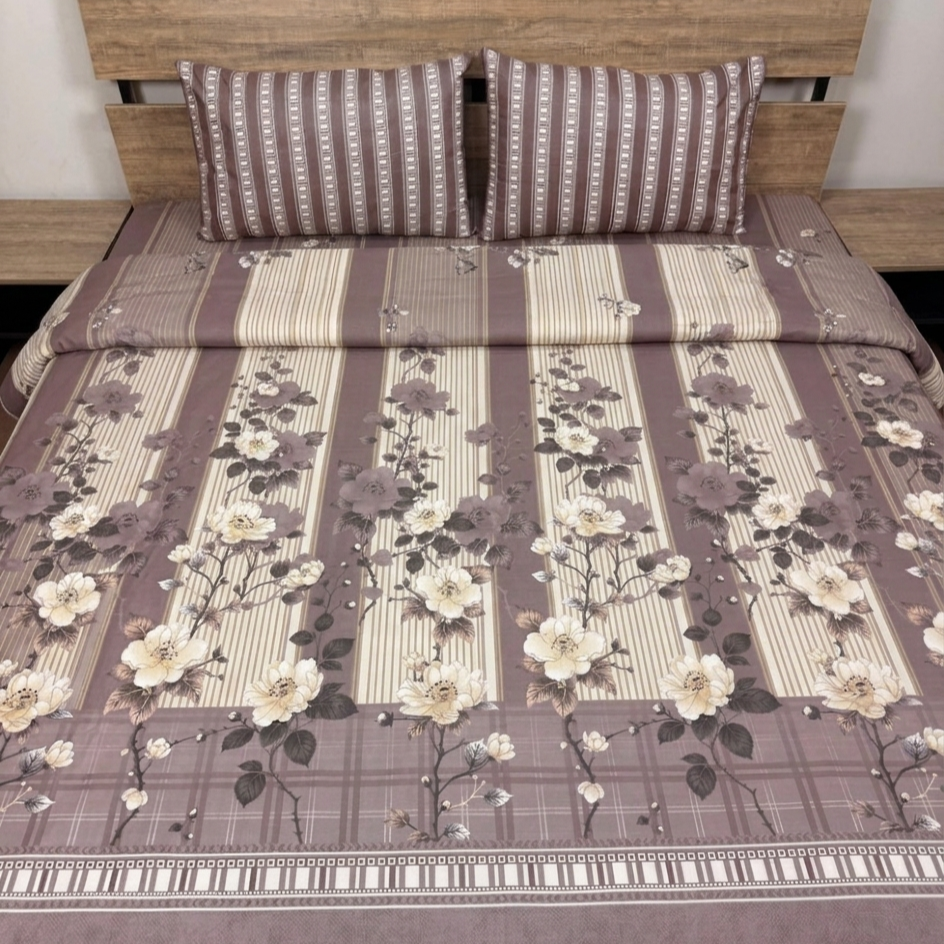Mocha Bloom Striped Floral Cotton Bedsheet Set