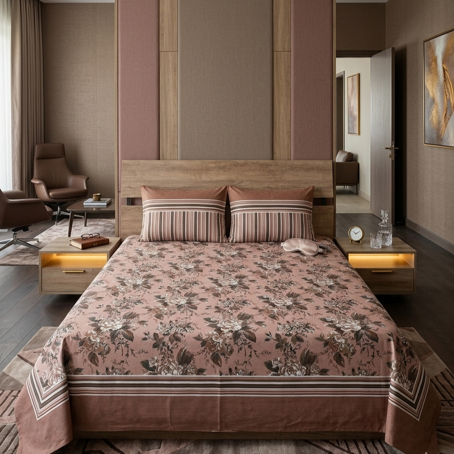 Antique Bloom Heritage Cotton Bedsheet Set - dusty rose floral print with matching striped pillow covers