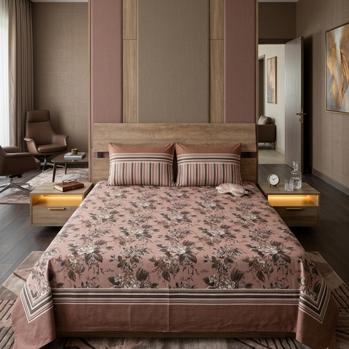 Antique Bloom Heritage Cotton Bedsheet Set - dusty rose floral print with matching striped pillow covers