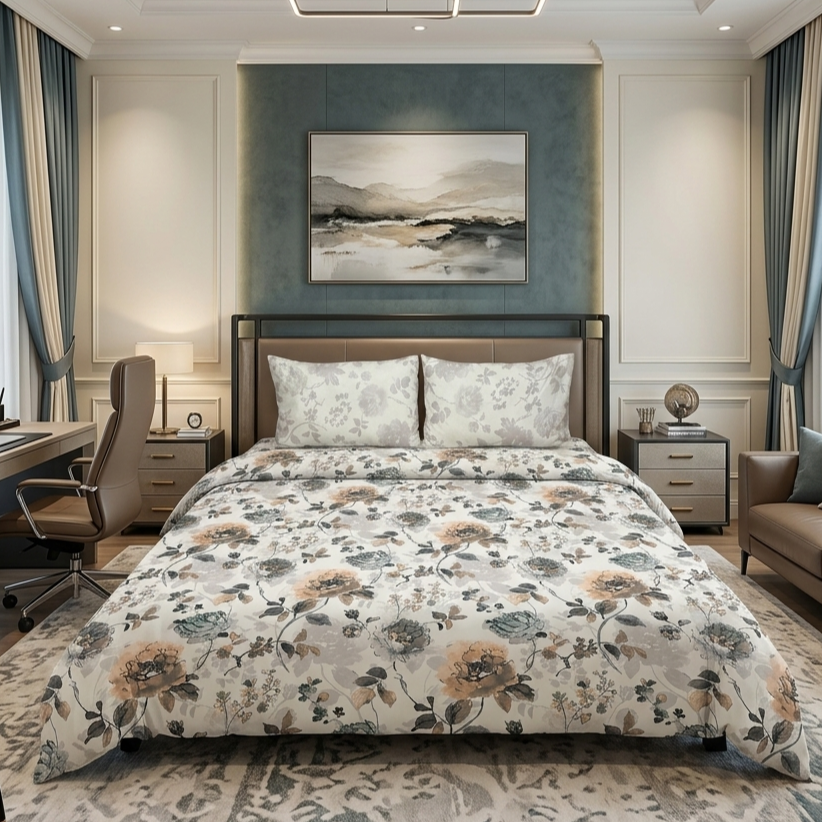 Ivory Peony Luxury Cotton Bedsheet Set - cream floral print with matching pillow covers