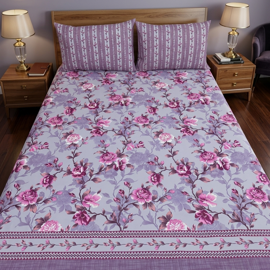 Mauve Blossom Luxury Floral Cotton Bedsheet
