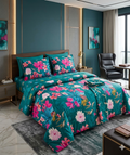 Teal Tropical Bloom 7 Piece Comforter Set with hot pink lilies blush dahlias and coral orchids on rich peacock teal background styled on a luxury bed