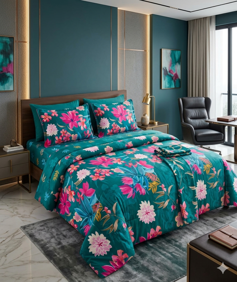 Teal Tropical Bloom 7 Piece Comforter Set with hot pink lilies blush dahlias and coral orchids on rich peacock teal background styled on a luxury bed