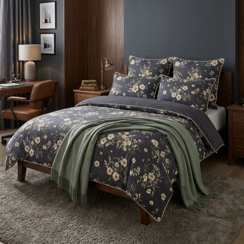 Dark Meadow 7 Piece Comforter Set with delicate cream and gold wildflowers on deep charcoal slate background with ivory piping border styled on a luxury bed