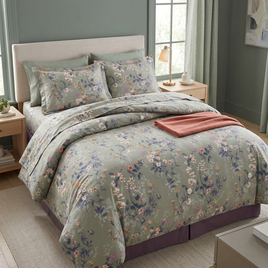 Sage Blossom 7 Piece Comforter Set with white cherry blossoms lavender wildflowers and blush buds on soft sage green background styled on a luxury bed