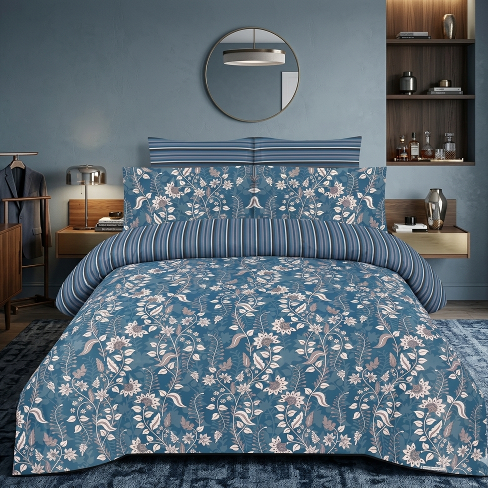 Steel Blue Floral Vine 7 Piece Comforter Set with trailing white daisy blooms and blush tulips on steel blue denim background styled on a luxury bed