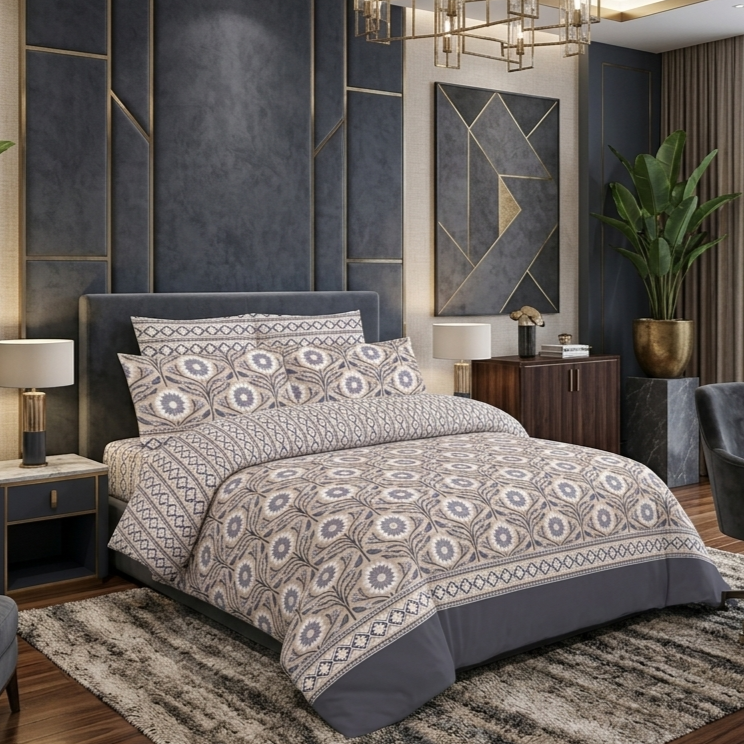 Ivory Ikat Medallion 7 Piece Comforter Set with geometric ogee lattice and sunflower medallions in grey and taupe on warm cream background styled on a luxury bed