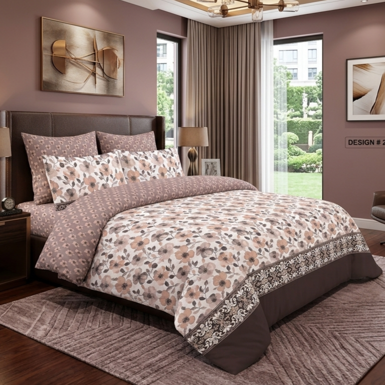Blush Mauve Floral 7 Piece Comforter Set with scattered blush mauve flowers and grey-brown leaves on cream ivory background with dark chocolate baroque scroll border styled on a luxury bed