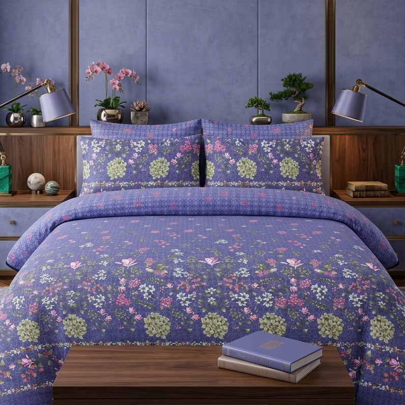 Periwinkle Garden 7 Piece Comforter Set with hydrangea clusters and wildflowers on periwinkle blue background styled on a luxury bed