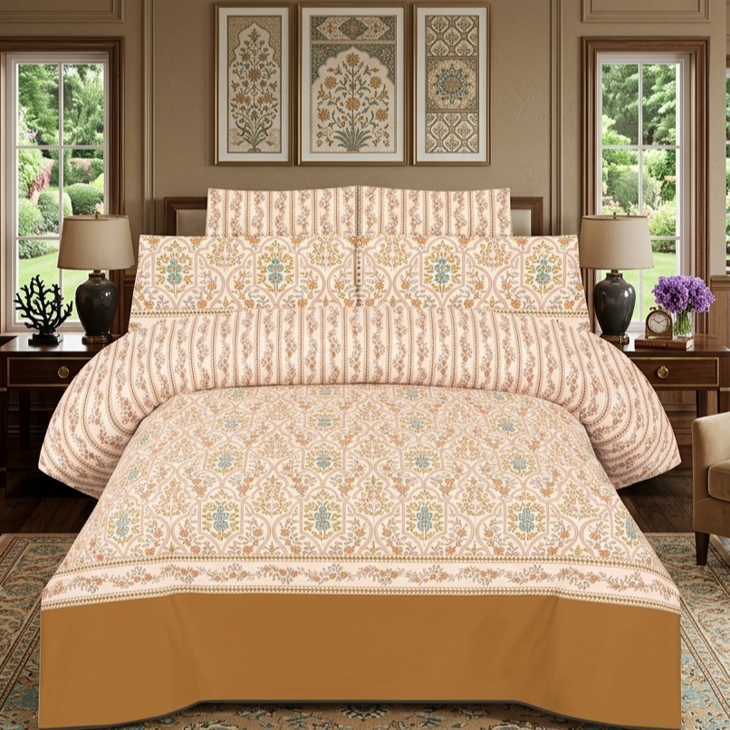 Ivory Mughal Damask 7 Piece Comforter Set with ornate floral medallions in teal blush and gold on cream ivory background styled on a luxury bed