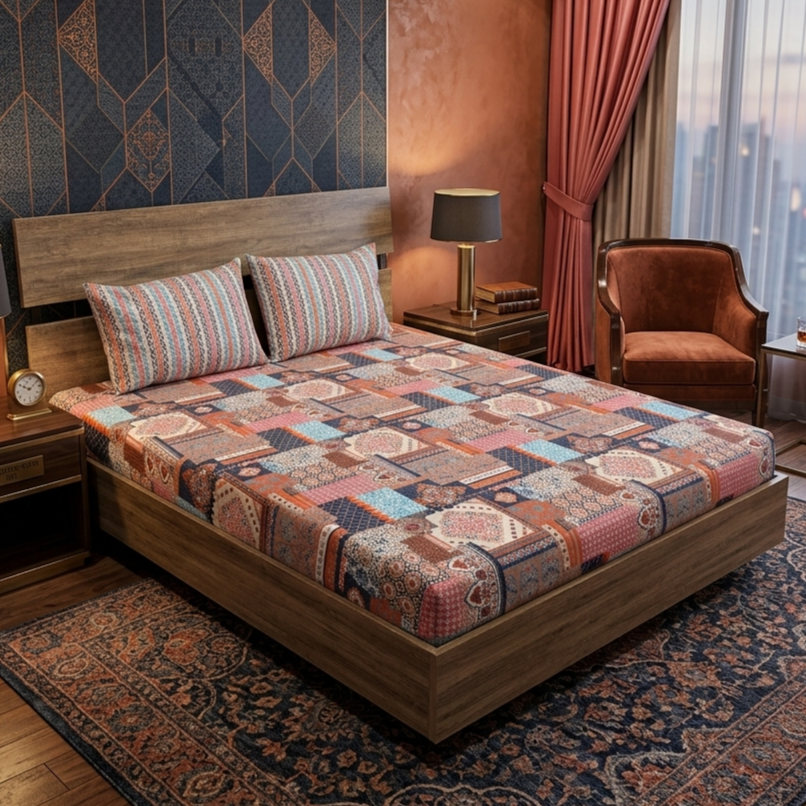 Medallion Patchwork Bedsheet Set with ornate medallion tiles in terracotta teal pink and brown with paisley and mandala motifs