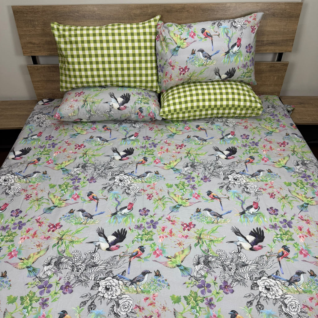 Aviary Garden Bedsheet Set with colourful exotic birds and floral print on soft grey background