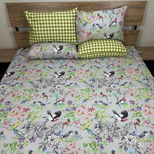Aviary Garden Bedsheet Set with colourful exotic birds and floral print on soft grey background