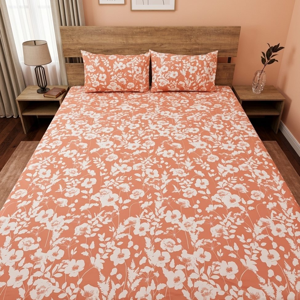 Peach Blossom Bedsheet Set with white floral print on terracotta peach background