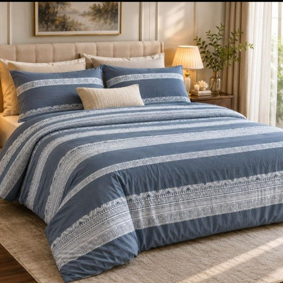 Azure Stripe Bedsheet Set with white geometric aztec horizontal stripe pattern on steel blue background