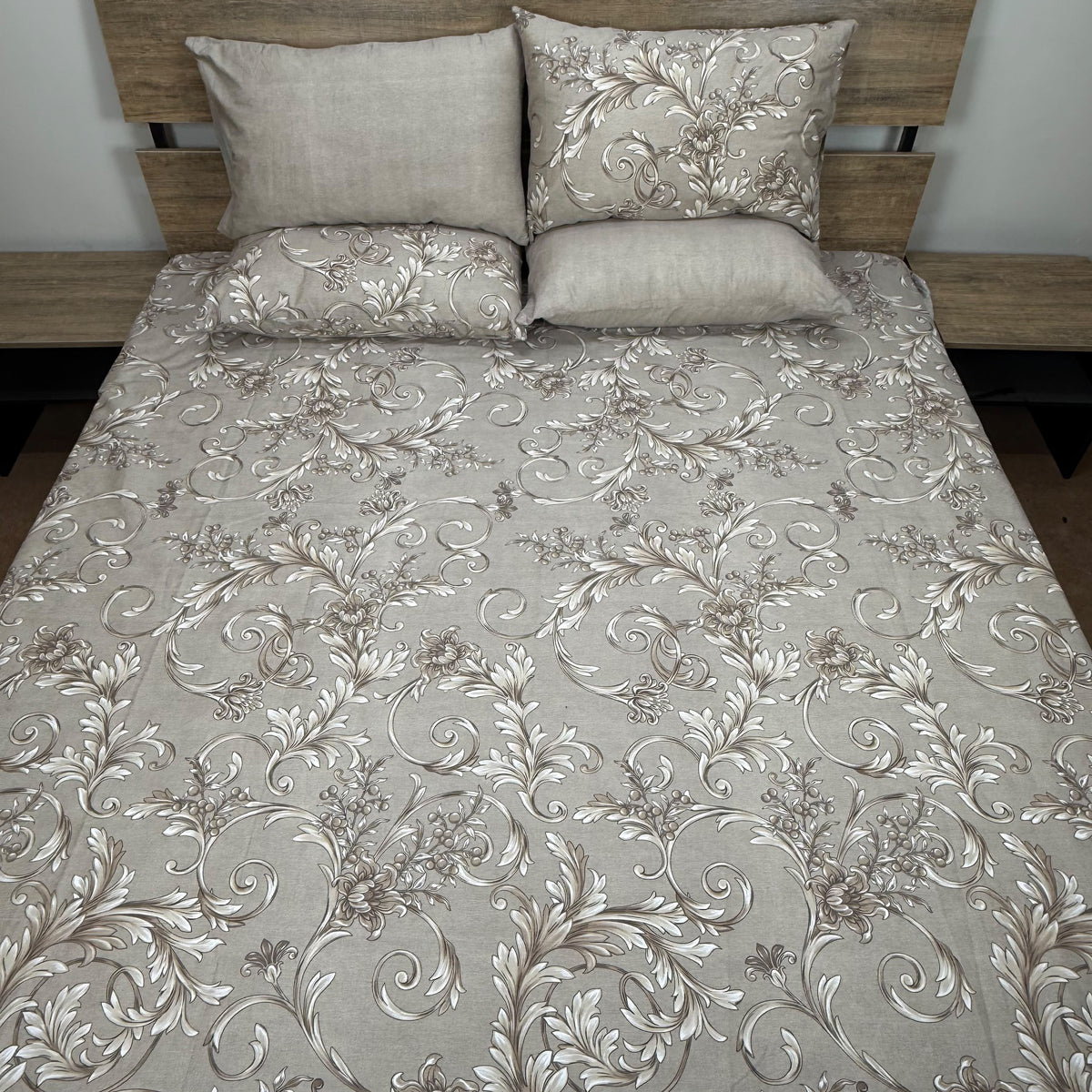 Baroque Vine Bedsheet Set with flowing acanthus scroll and floral vine pattern in ivory and gold on warm linen-greige background