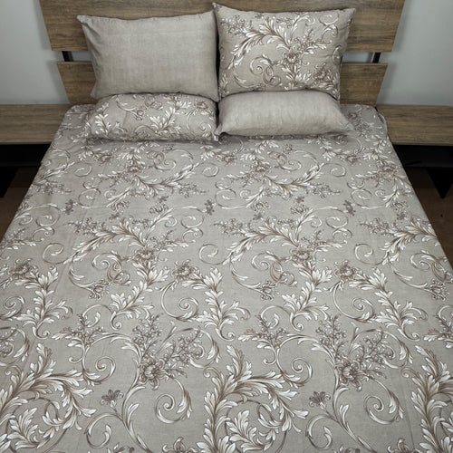 Baroque Vine Bedsheet Set with flowing acanthus scroll and floral vine pattern in ivory and gold on warm linen-greige background