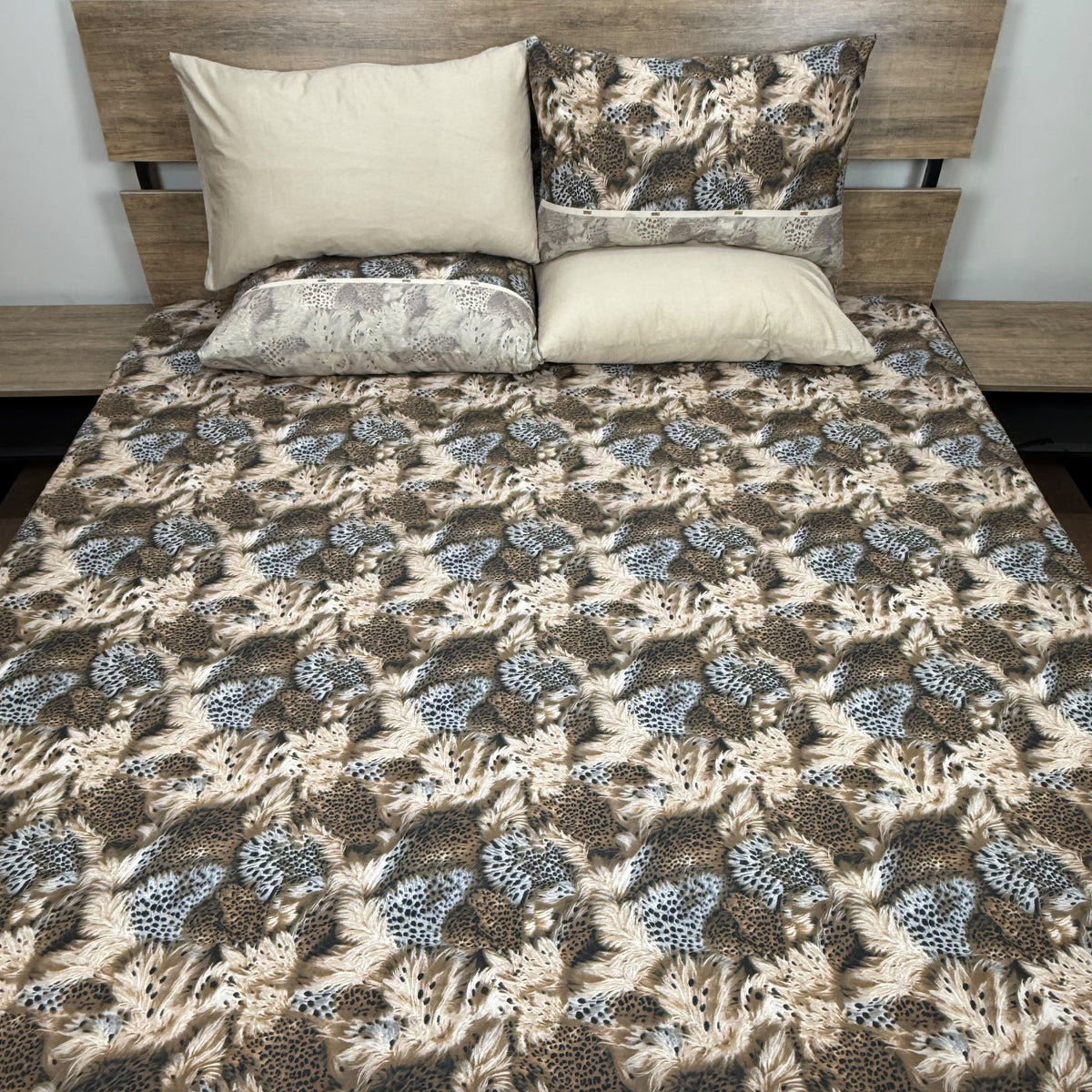 Wild Plume Bedsheet Set with abstract leopard print and feathery plume textures in beige brown cream and slate tones
