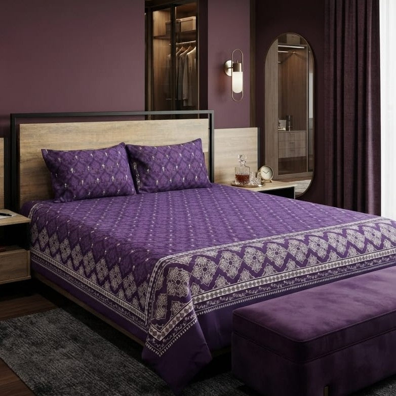 Royal Purple Medallion Bedsheet Set with deep purple trellis pattern and ornate white mandala medallion border styled on a luxury bed