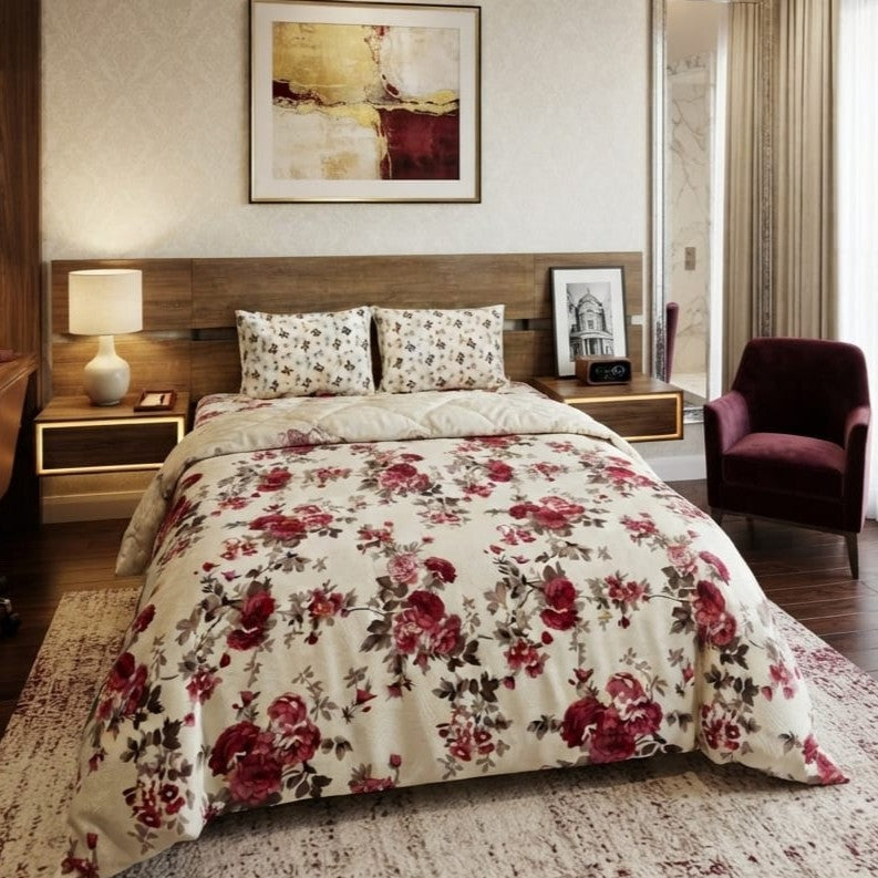 Crimson Rose Bedsheet Set with large crimson and blush roses on warm cream ivory background styled on a luxury bed