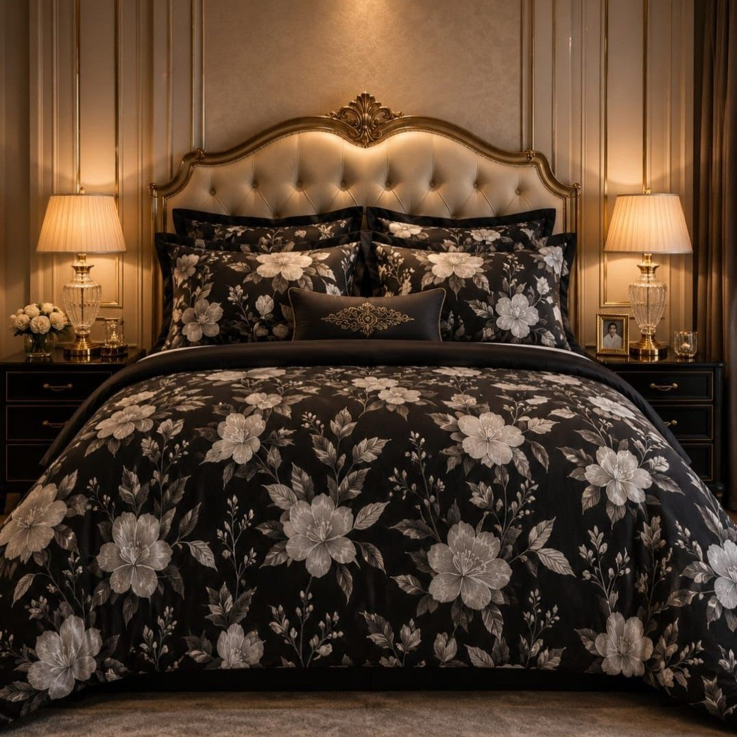 Black Ivory Bloom 7 Piece Comforter Set with large luminous ivory and champagne gold hibiscus blooms and silver grey leaves on jet black background styled in a grand baroque luxury bedroom