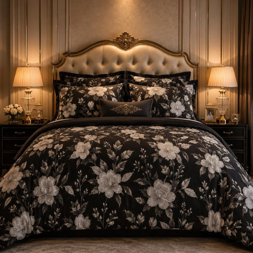 Black Ivory Bloom 7 Piece Comforter Set with large luminous ivory and champagne gold hibiscus blooms and silver grey leaves on jet black background styled in a grand baroque luxury bedroom