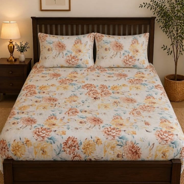Dusty Rose Dahlia Bedsheet Set with large watercolour dusty rose dahlias golden chrysanthemums and blush peonies on soft white sky blue background styled on a luxury bed