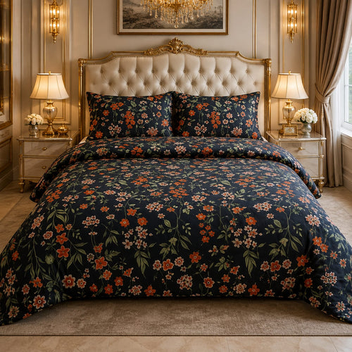Black Terracotta Floral Bedsheet Set with trailing vine pattern of burnt orange terracotta daisy blooms and olive green leaves on jet black background styled in a grand French baroque luxury bedroom