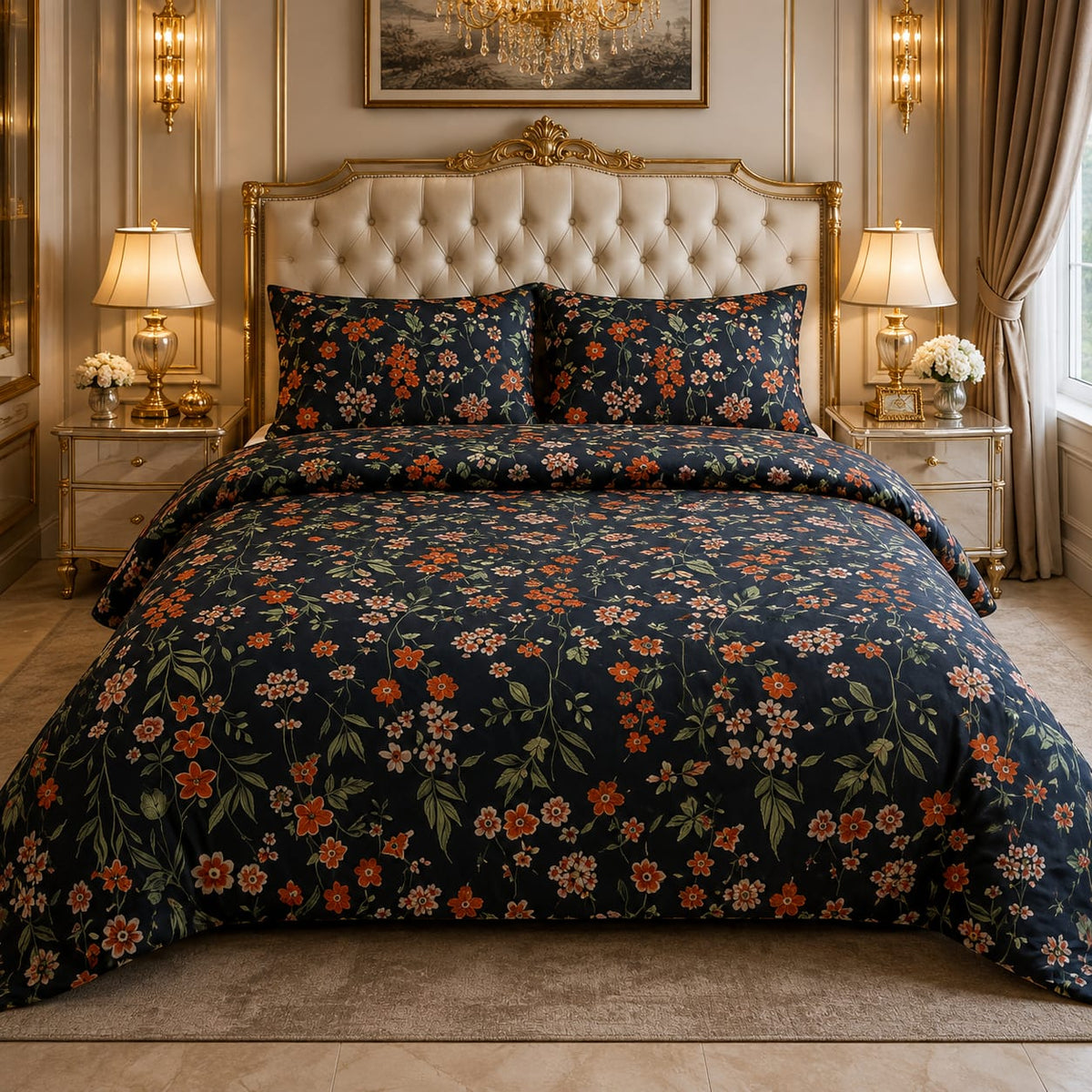 Black Terracotta Floral 7 Piece Comforter Set with trailing vine pattern of burnt orange terracotta daisy blooms and olive-green leaves on deep jet-black background styled on a grand gold tufted French baroque luxury bed