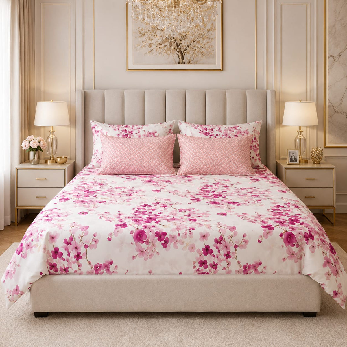 Pink Sakura Bloom Bedsheet Set with scattered watercolour hot pink magenta cherry blossom branches on crisp white background with blush pink damask pillow covers styled in a luxury bedroom