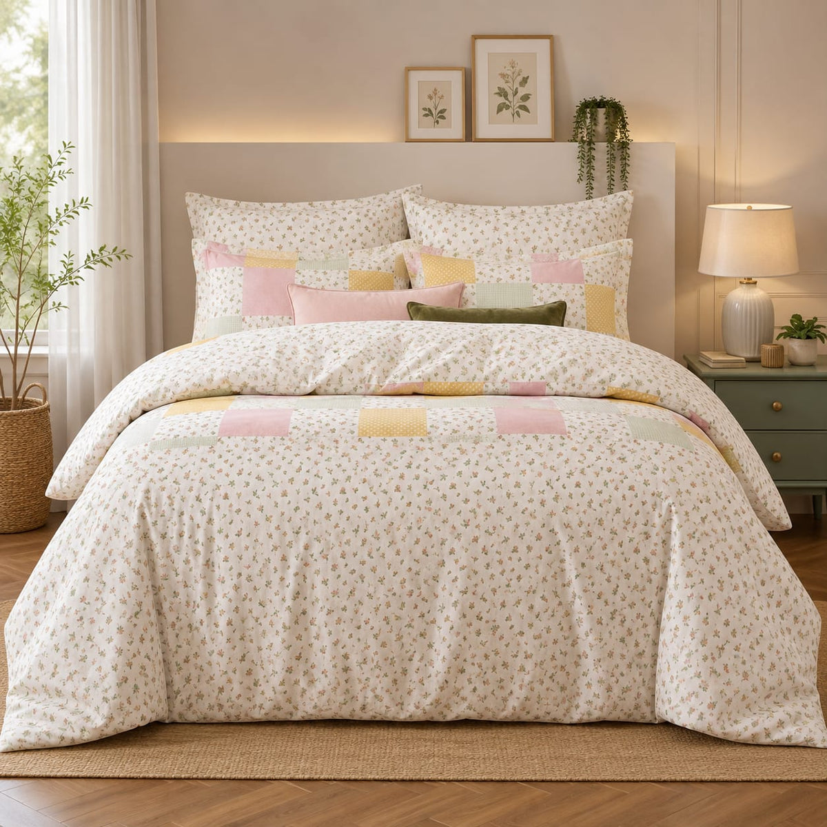 Cream Ditsy Floral Bedsheet Set with all-over tiny scattered sage-green leaf sprigs and blush pink buds on warm cream ivory background styled in a Scandinavian cottage luxury bedroom