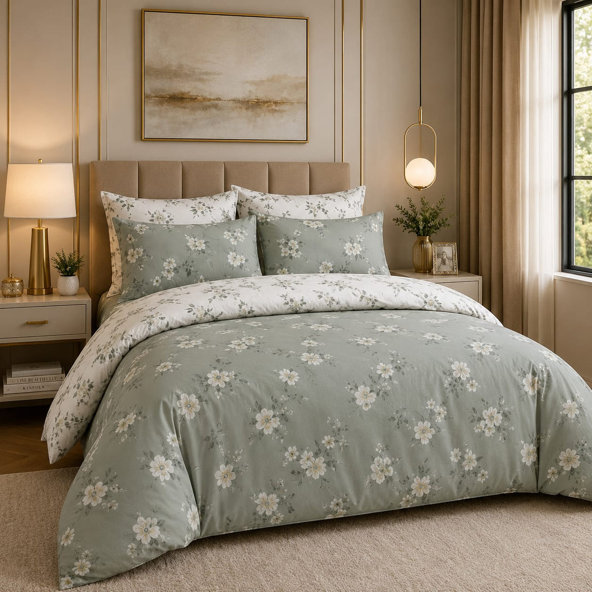 Sage White Cosmos 7 Piece Comforter Set with large white cosmos daisy blooms on soft sage duck-egg green comforter with contrasting white floral pillow covers styled in a warm gold pendant-lit luxury bedroom