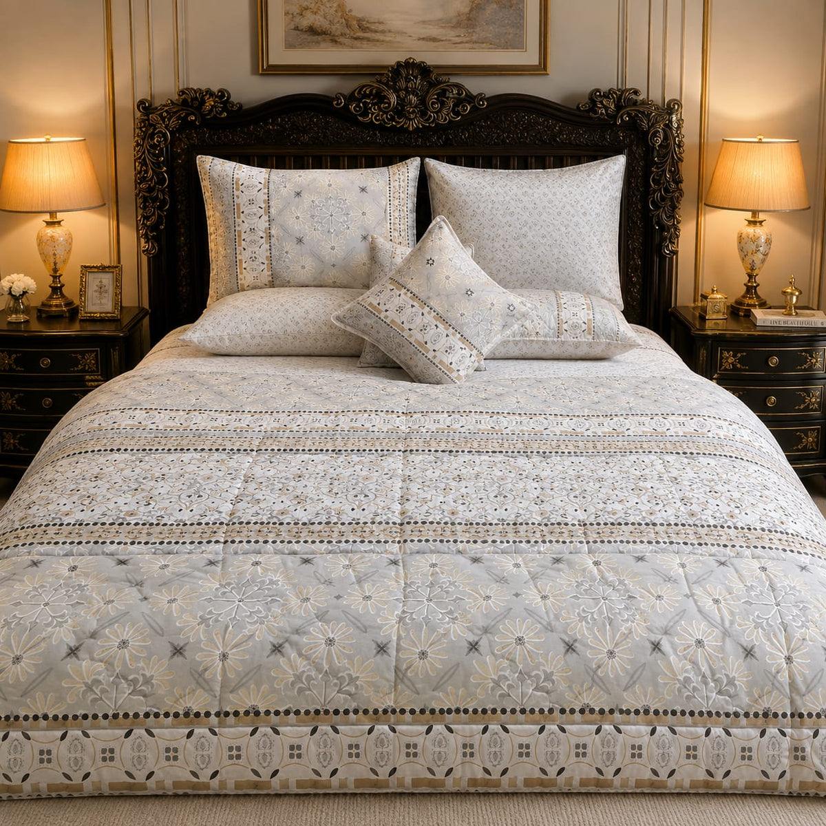 Ivory Snowflake Embroidery 7 Piece Comforter Set with white daisy snowflake blooms on diamond lattice quilted ivory background with grey medallion border styled on a grand dark carved baroque luxury bed