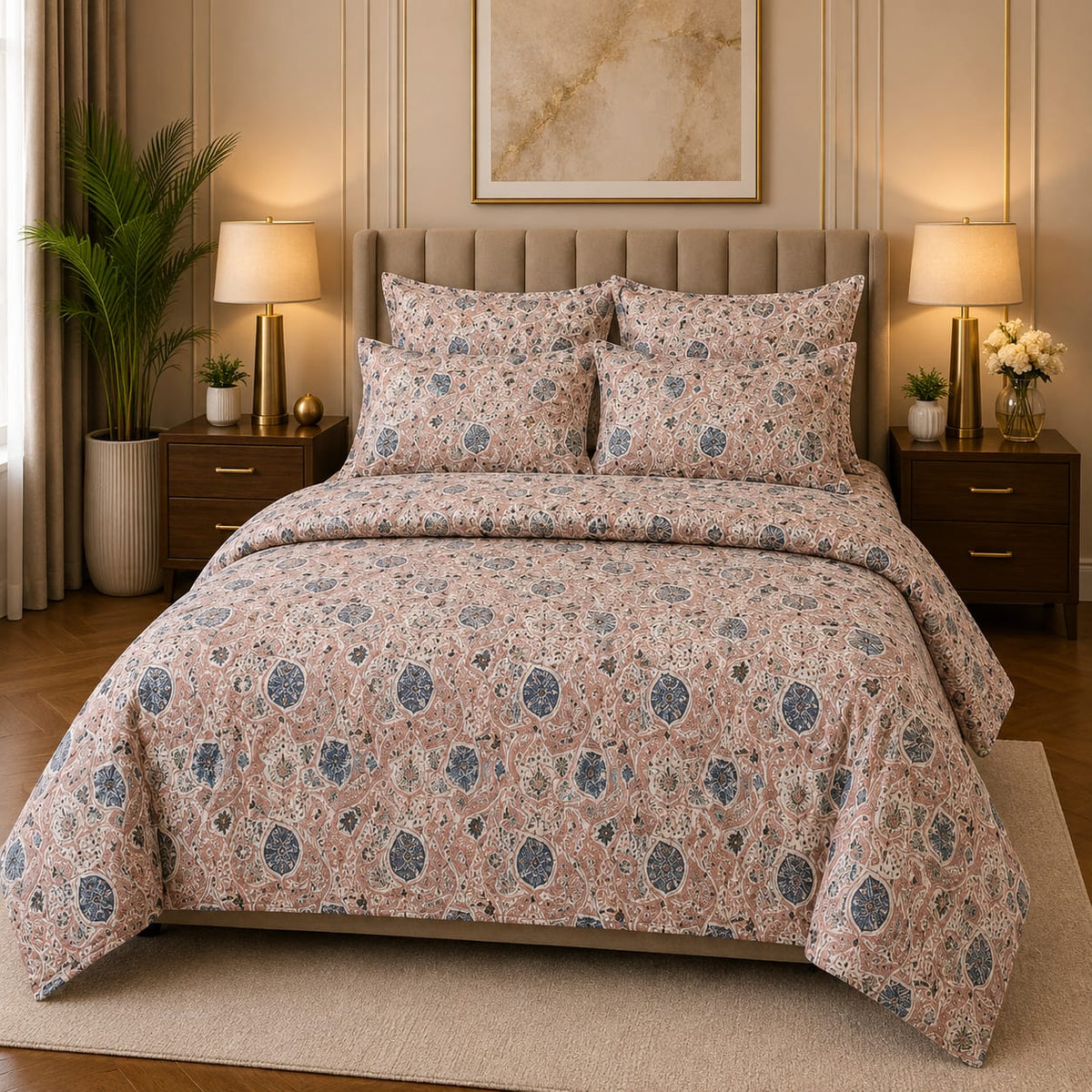 Blush Kashmiri Jaal 7 Piece Comforter Set with dense intricate teal-blue floral medallions and ivory scrollwork jaal pattern on warm dusty rose blush-taupe background styled in a warm gold luxury bedroom