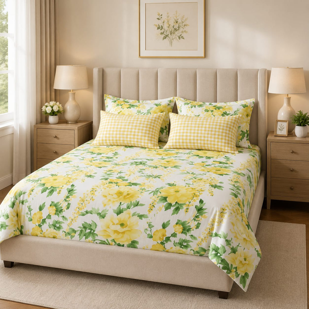 Yellow Rose Garden Bedsheet Set with large watercolour yellow roses and green leaves on crisp white background with yellow gingham pillow covers styled in a luxury bedroom