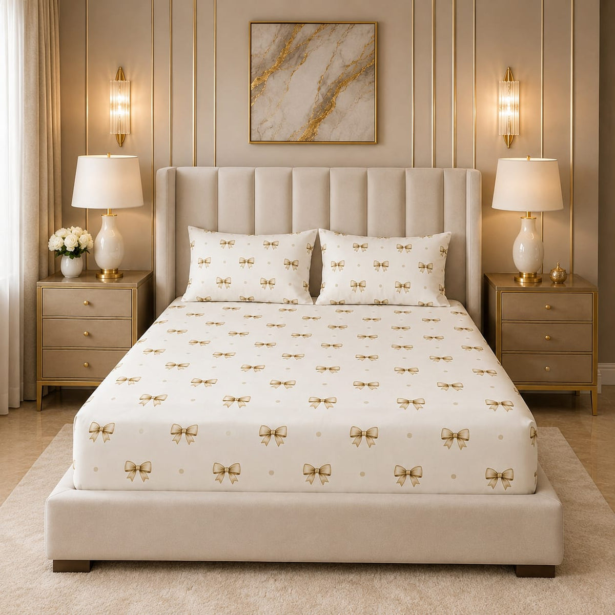 Golden Bow Bedsheet Set with scattered golden-beige satin ribbon bows and tiny polka dots on crisp white cream background styled in a gold-accented luxury bedroom