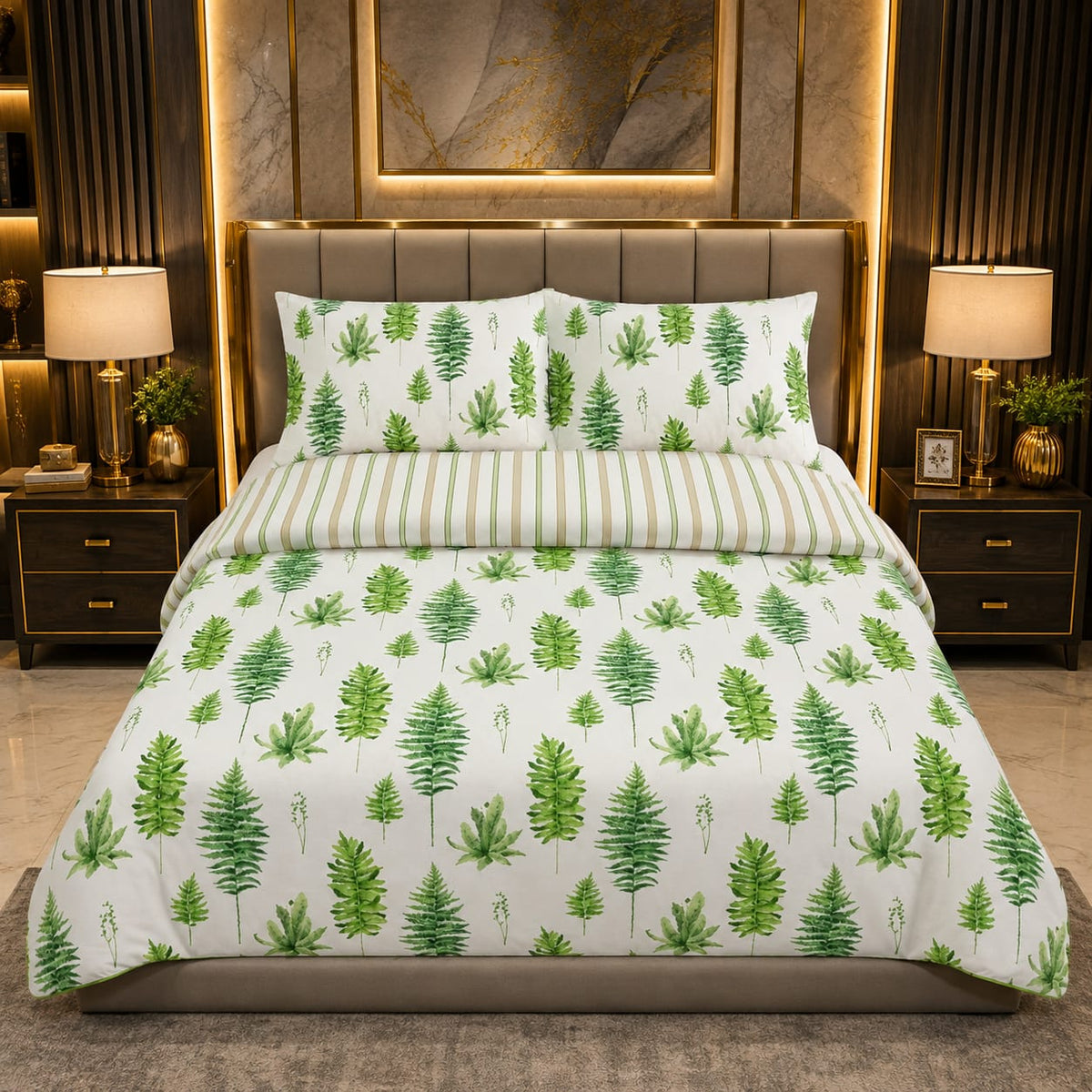 Green Fern Forest 7 Piece Comforter Set with scattered large watercolour fern fronds and pine trees on crisp white background with sage-green stripe flat sheet styled in a marble-gold luxury bedroom