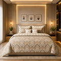 Champagne Mughal Medallion 7 Piece Comforter Set with large-scale Mughal arch and lotus medallion pattern in taupe brown and ivory on champagne gold-beige background styled in a warm gold luxury bedroom