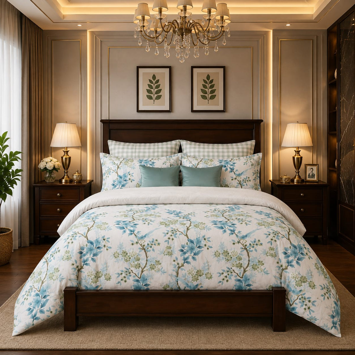 Blue Hydrangea Chinoiserie 7 Piece Comforter Set with watercolour blue hydrangea clusters and sage-green leaves on crisp white background with gingham pillows styled in a warm chandelier luxury bedroom