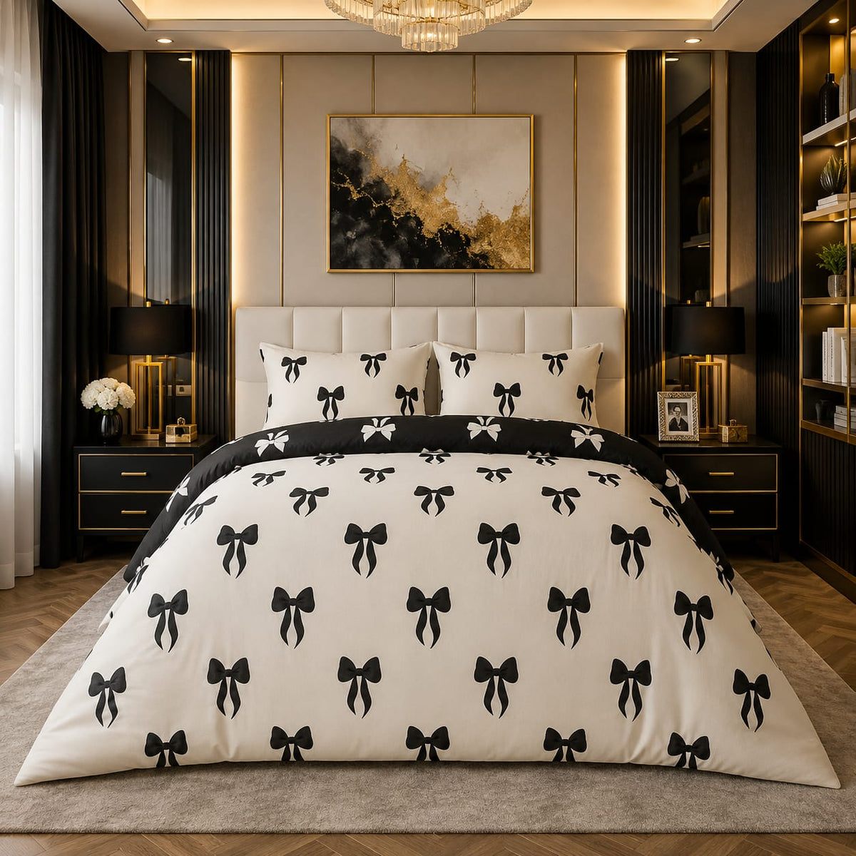 Black Bow Coquette 7 Piece Comforter Set with large black satin bows on cream ivory comforter and white bows on jet black flat sheet styled in a black gold luxury bedroom