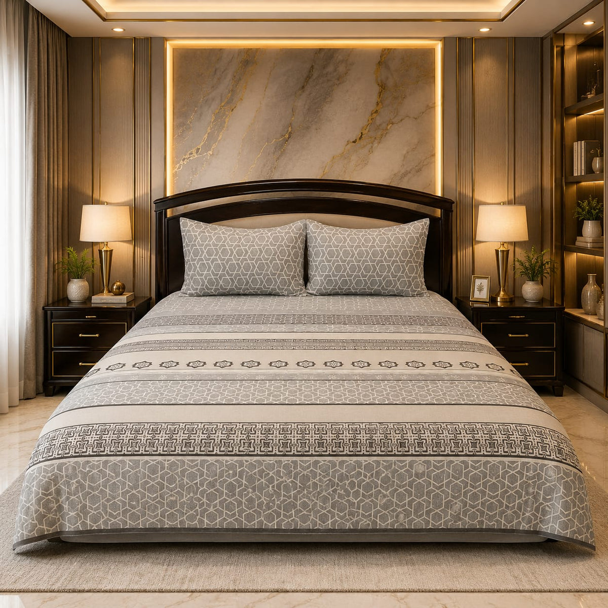 Grey Lattice Heritage Bedsheet Set with alternating bands of white hexagonal lattice Moroccan star motifs and charcoal tile on warm grey-taupe background styled in a marble-gold luxury bedroom