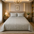 Sage Paisley Damask 7 Piece Comforter Set with dense intricate white ivory Kashmiri paisley damask pattern on warm sage grey-green background styled in a gold chandelier luxury bedroom