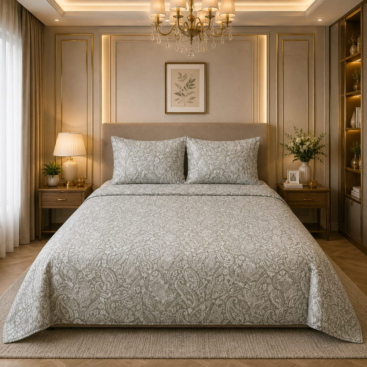 Sage Paisley Damask 7 Piece Comforter Set with dense intricate white ivory Kashmiri paisley damask pattern on warm sage grey-green background styled in a gold chandelier luxury bedroom