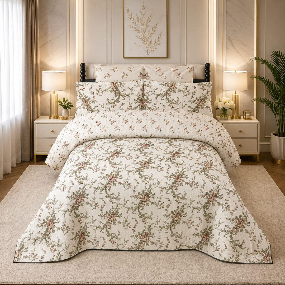 Ivory Toile Rose 7 Piece Comforter Set with classic Toile de Jouy trailing blush pink rose vines and sage-green leaves on warm cream ivory background styled in a warm marble-gold luxury bedroom