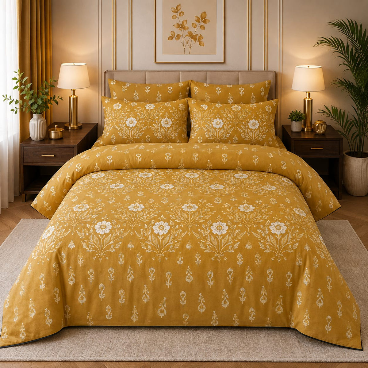 Mustard Mughal Daisy 7 Piece Comforter Set with repeating Mughal botanical white daisy blooms and ivory scrolling vine motifs on rich mustard golden-yellow background styled in a warm amber-gold luxury bedroom