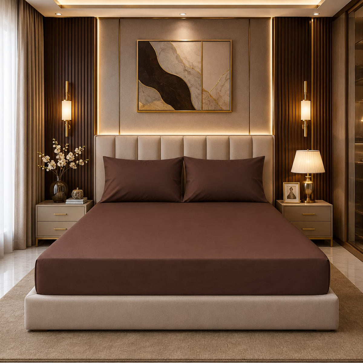 Premium chocolate brown fitted mattress cover with matching pillowcases in a luxury bedroom with gold accents and warm lighting