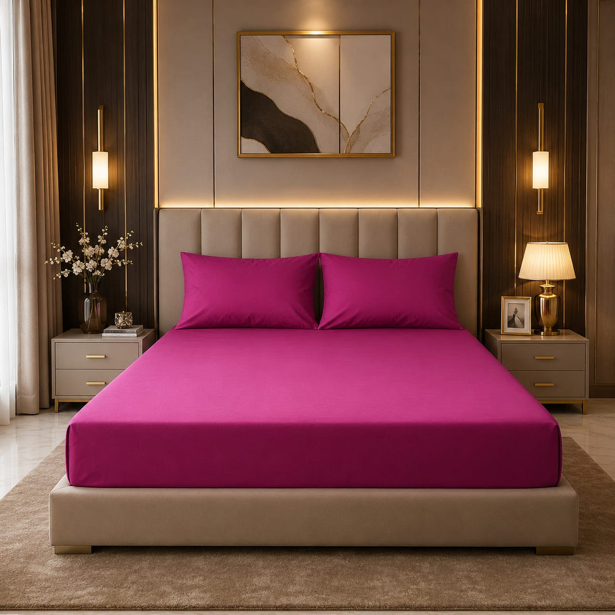 Premium magenta fitted mattress cover with matching pillowcases in a luxury hotel-style bedroom with gold accents