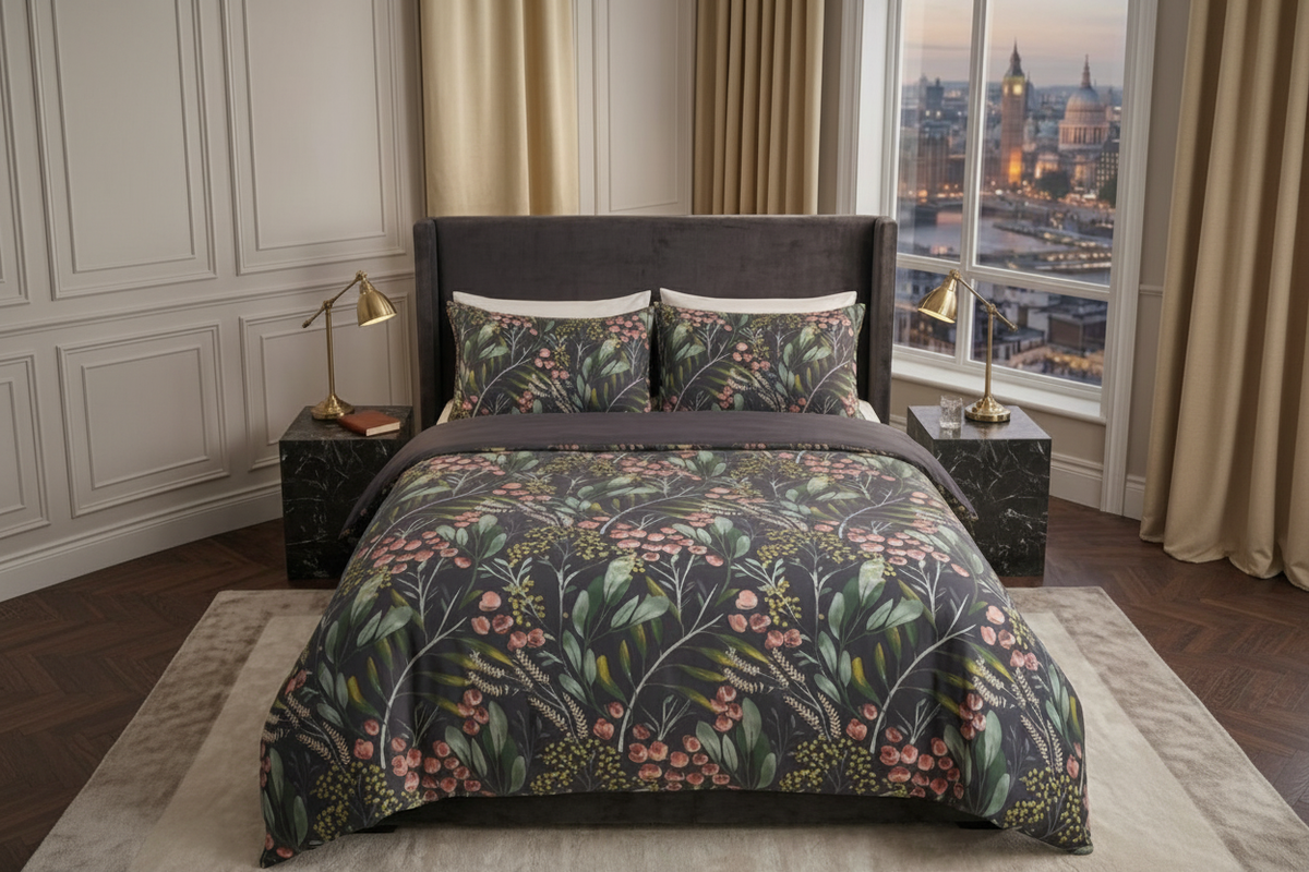 Dark Olive Garden 7 Piece Comforter Set with blush pink berries on white branches and green eucalyptus leaves on deep charcoal olive background styled on a luxury bed