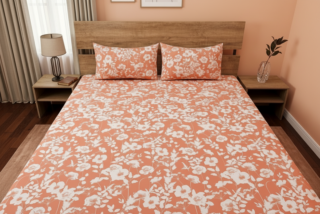 Peach Blossom Bedsheet Set styled on a luxury bed in an elegant bedroom